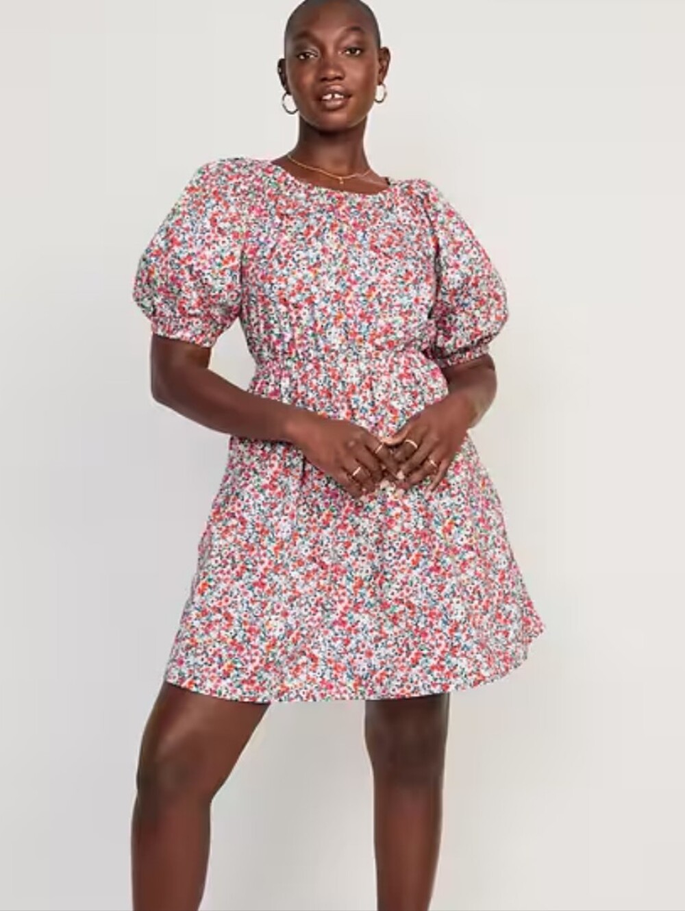 Old Navy Size Large Waist-Defined Puff-Sleeve Floral Cotton-Poplin Mini Dress